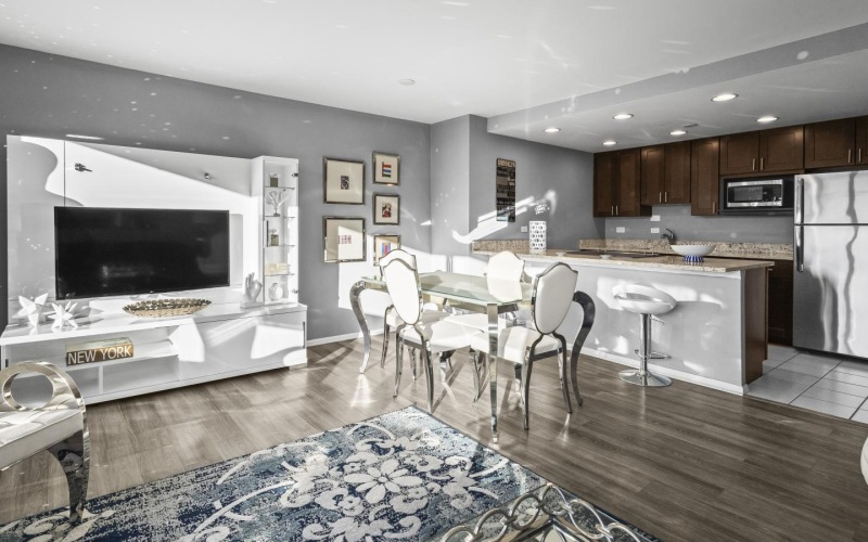 a kitchen with a fireplace