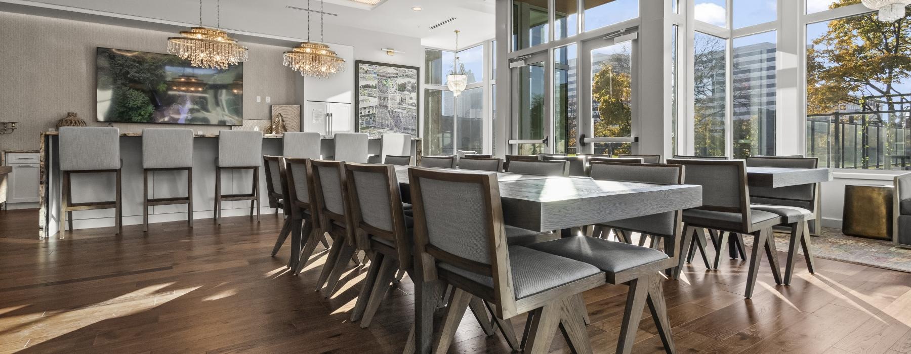 a large room with tables and chairs