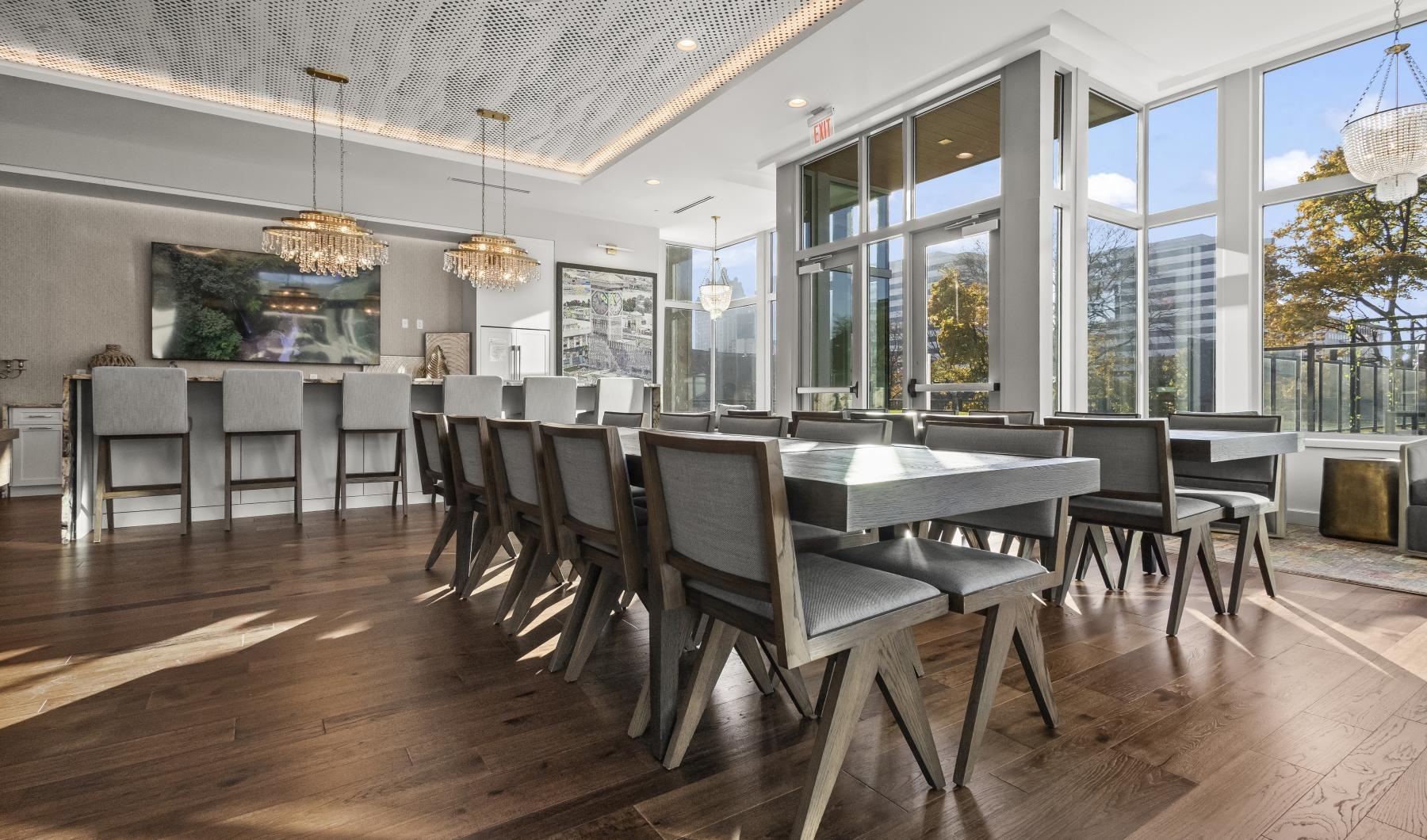 a large room with tables and chairs